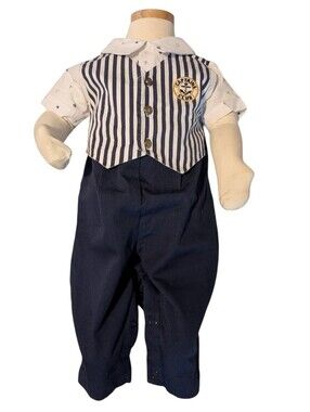 80s 90s Vintage Infant Boys Nautical Captains Club Outfit Romper 6/9 Months